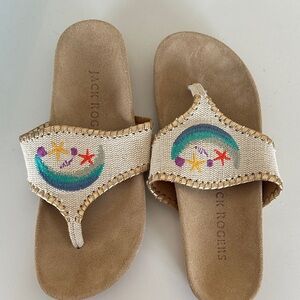 Jack Rogers Kids Beige Sandals with Multicolor Embroidered Rainbow